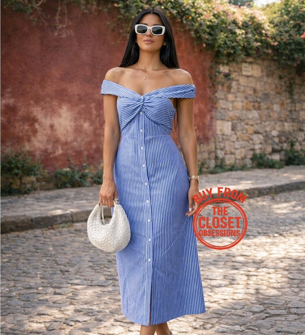 MANGO Blue White Striped Off Shoulder Midi Dress NWT Cotton Button Front